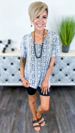 The ZigZag Stripe Grey Aztec Boyfriend V-Neck Tee [NO RETURNS] TOPS & TUNICS