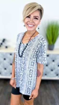 The ZigZag Stripe Grey Aztec Boyfriend V-Neck Tee [NO RETURNS] TOPS & TUNICS