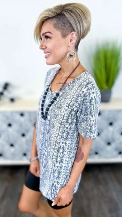 The ZigZag Stripe Grey Aztec Boyfriend V-Neck Tee [NO RETURNS] TOPS & TUNICS