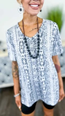 The ZigZag Stripe Grey Aztec Boyfriend V-Neck Tee [NO RETURNS] TOPS & TUNICS