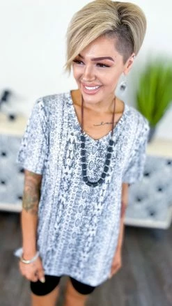 The ZigZag Stripe Grey Aztec Boyfriend V-Neck Tee [NO RETURNS] TOPS & TUNICS