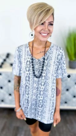 The ZigZag Stripe Grey Aztec Boyfriend V-Neck Tee [NO RETURNS] TOPS & TUNICS