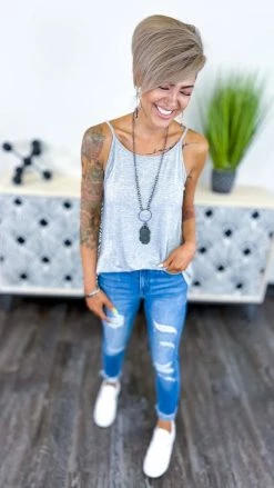 The ZigZag Stripe TOPS & TUNICS Grey Basic Spaghetti Tank