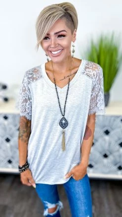 The ZigZag Stripe Grey Lace Lovin' Top TOPS & TUNICS