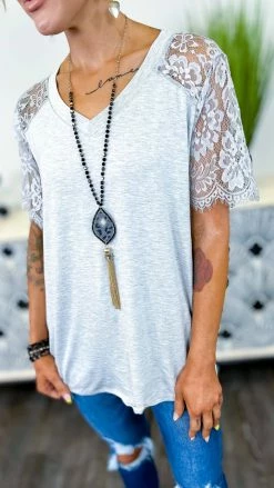 The ZigZag Stripe Grey Lace Lovin' Top TOPS & TUNICS