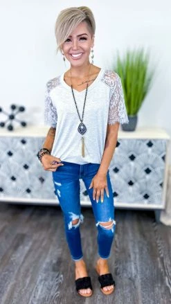 The ZigZag Stripe Grey Lace Lovin' Top TOPS & TUNICS