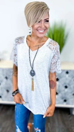 The ZigZag Stripe Grey Lace Lovin' Top TOPS & TUNICS