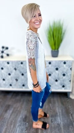 The ZigZag Stripe Grey Lace Lovin' Top TOPS & TUNICS