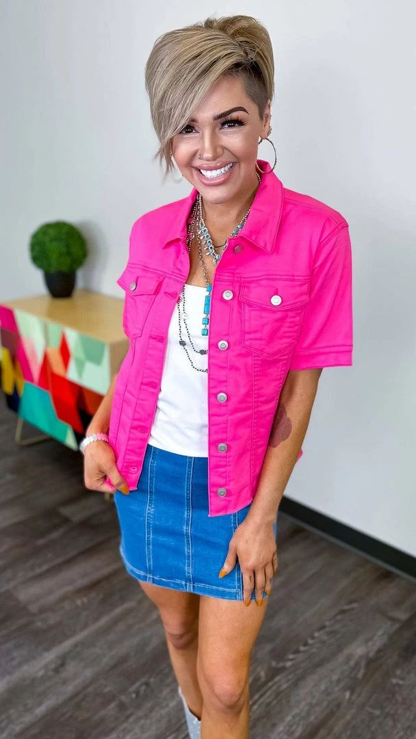 The ZigZag Stripe Hot Pink Let's Escape Denim Jacket