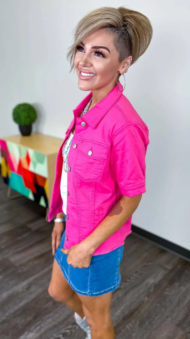 The ZigZag Stripe Hot Pink Let's Escape Denim Jacket