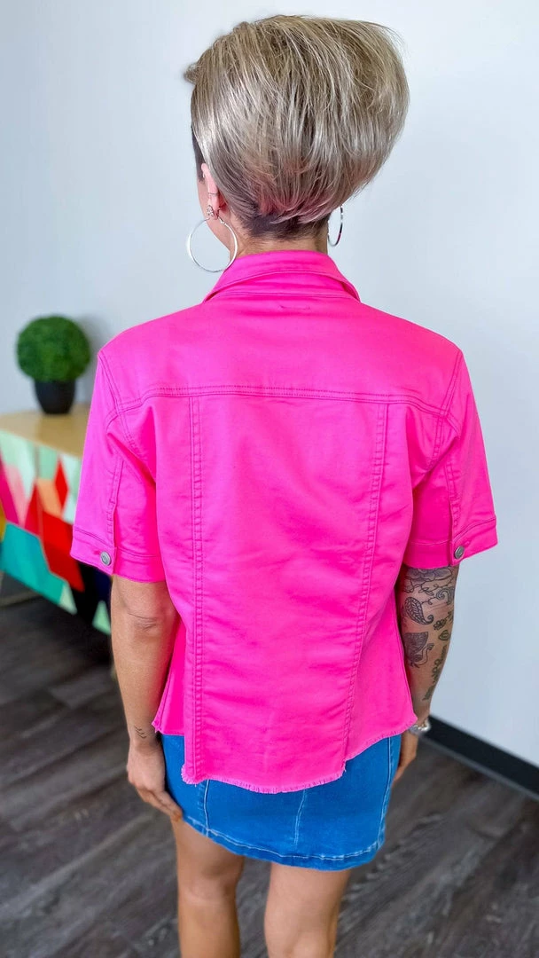 The ZigZag Stripe Hot Pink Let's Escape Denim Jacket