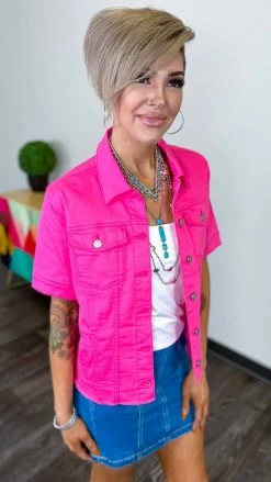 The ZigZag Stripe Hot Pink Let's Escape Denim Jacket