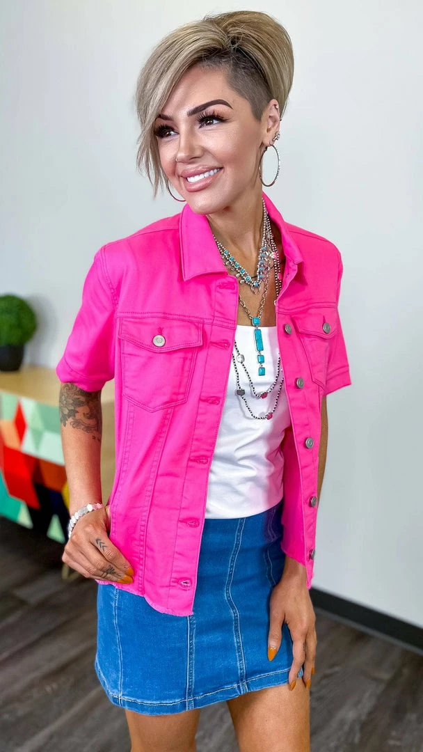 The ZigZag Stripe Hot Pink Let's Escape Denim Jacket