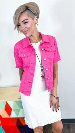 The ZigZag Stripe Hot Pink Let's Escape Denim Jacket