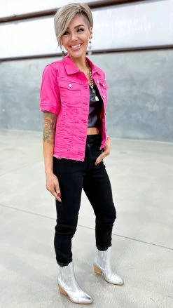 The ZigZag Stripe Hot Pink Let's Escape Denim Jacket