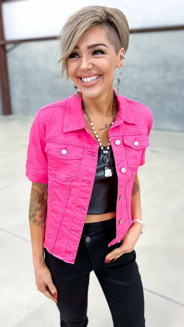 The ZigZag Stripe Hot Pink Let's Escape Denim Jacket