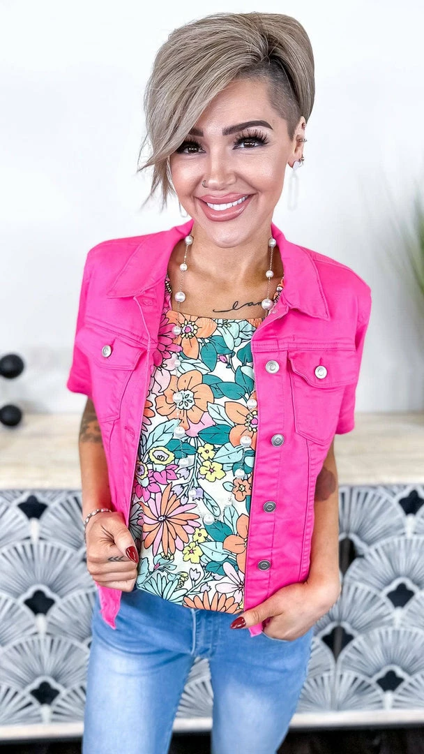 The ZigZag Stripe Hot Pink Let's Escape Denim Jacket