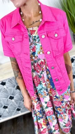 The ZigZag Stripe Hot Pink Let's Escape Denim Jacket