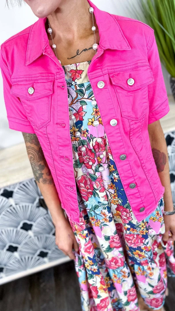 The ZigZag Stripe Hot Pink Let's Escape Denim Jacket