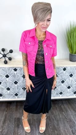 The ZigZag Stripe Hot Pink Let's Escape Denim Jacket