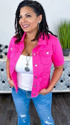 The ZigZag Stripe Hot Pink Let's Escape Denim Jacket