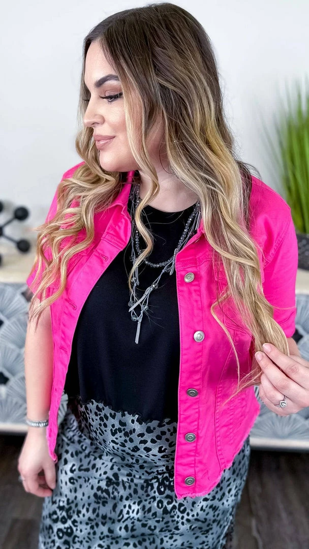 The ZigZag Stripe Hot Pink Let's Escape Denim Jacket