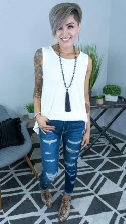 The ZigZag Stripe Ivory Ribbed Right On Time Tank TOPS & TUNICS