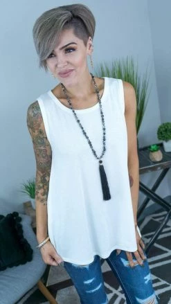 The ZigZag Stripe Ivory Ribbed Right On Time Tank TOPS & TUNICS