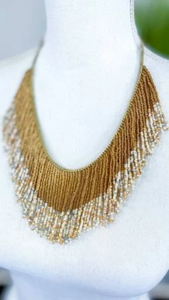 MOA Ivory Seed Bead Fringe Necklace