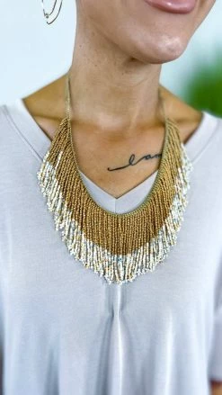 MOA Ivory Seed Bead Fringe Necklace