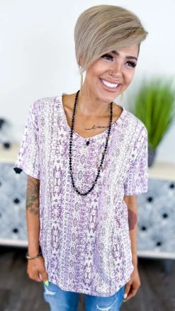 The ZigZag Stripe Lavender Aztec Boyfriend V-Neck Tee [NO RETURNS] TOPS & TUNICS