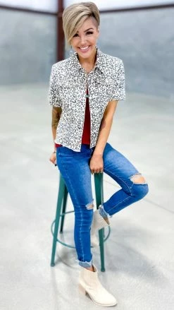 The ZigZag Stripe OUTERWEAR Leopard Let's Escape Denim Jacket