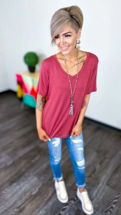 The ZigZag Stripe Marsala Slub Boyfriend Tee TOPS & TUNICS