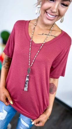 The ZigZag Stripe Marsala Slub Boyfriend Tee TOPS & TUNICS