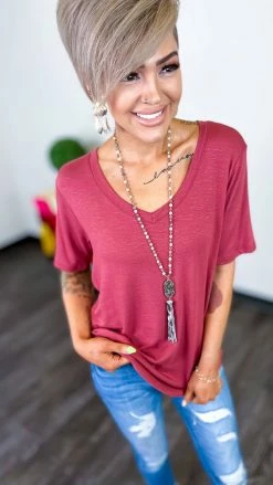 The ZigZag Stripe Marsala Slub Boyfriend Tee TOPS & TUNICS