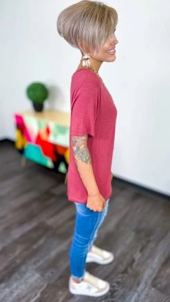 The ZigZag Stripe Marsala Slub Boyfriend Tee TOPS & TUNICS