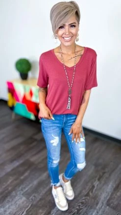 The ZigZag Stripe Marsala Slub Boyfriend Tee TOPS & TUNICS