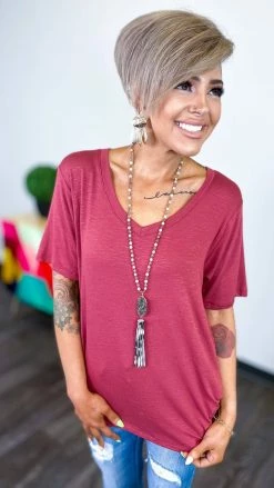 The ZigZag Stripe Marsala Slub Boyfriend Tee TOPS & TUNICS