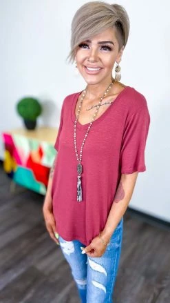 The ZigZag Stripe Marsala Slub Boyfriend Tee TOPS & TUNICS