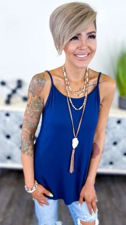 The ZigZag Stripe TOPS & TUNICS Navy Basic Spaghetti Tank