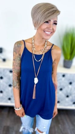 The ZigZag Stripe TOPS & TUNICS Navy Basic Spaghetti Tank