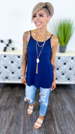 The ZigZag Stripe TOPS & TUNICS Navy Basic Spaghetti Tank