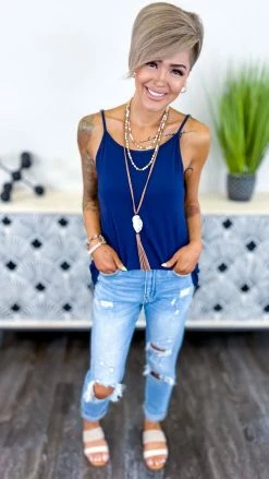 The ZigZag Stripe TOPS & TUNICS Navy Basic Spaghetti Tank