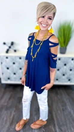 The ZigZag Stripe Navy Hardly Subtle Top [NO RETURNS] TOPS & TUNICS