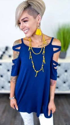 The ZigZag Stripe Navy Hardly Subtle Top [NO RETURNS] TOPS & TUNICS