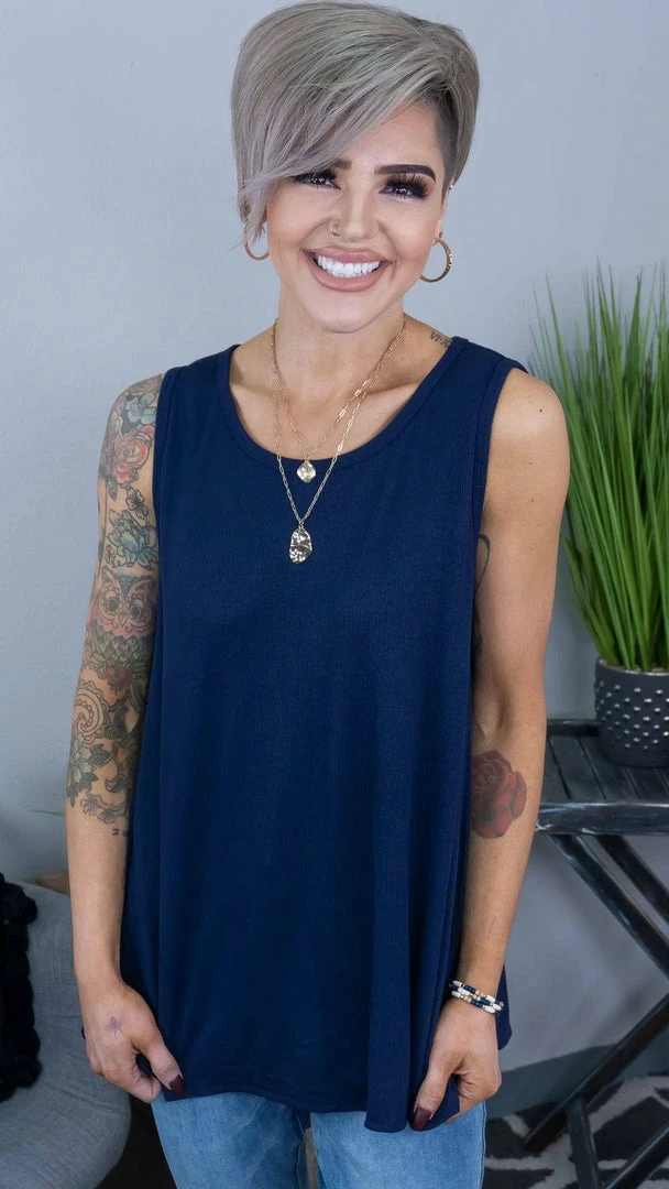 The ZigZag Stripe Navy Ribbed Right On Time Tank TOPS & TUNICS