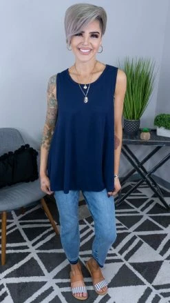 The ZigZag Stripe Navy Ribbed Right On Time Tank TOPS & TUNICS