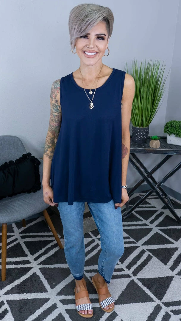 The ZigZag Stripe Navy Ribbed Right On Time Tank TOPS & TUNICS