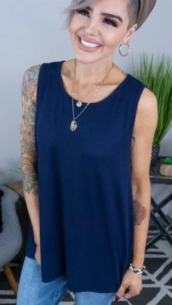 The ZigZag Stripe Navy Ribbed Right On Time Tank TOPS & TUNICS