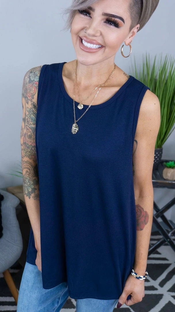 The ZigZag Stripe Navy Ribbed Right On Time Tank TOPS & TUNICS